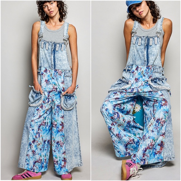 POL Denim - POL Acid Wash Floral Print Pockets Wide leg Denim Jean Bib Overalls